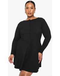 Boohoo - Plus Rib Button Down Mini Skater Dress - Lyst