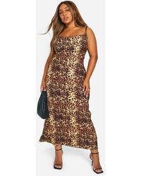 Boohoo - Plus Leopard Print Cowl Neck Plisse Maxi Dress - Lyst