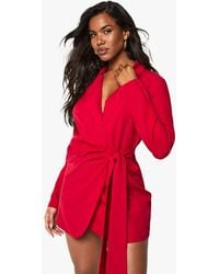 Boohoo - Linen Look Wrap Drape Front Tailored Blazer Dress - Lyst