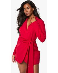 Boohoo - Linen Look Wrap Drape Front Tailored Blazer Dress - Lyst