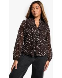 Boohoo - Plus Polka Dot Ruffle Tie Front Volume Sleeve Blouse - Lyst