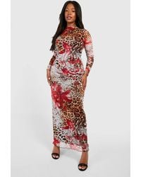 Boohoo - Plus Floral Leopard Mesh Low Back Maxi Dress - Lyst