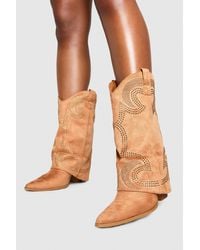 Boohoo - Faux Suede Studded Foldover Western Boots - Lyst