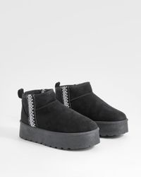 Boohoo - Ultra Mini Embroidered Platform Cosy Boots - Lyst
