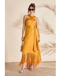 Coast - Fringe Asymmetric Hem Cross Neck Midi Dress - Lyst