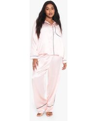 Boohoo - Plus Contrast Piping Satin Long Sleeve Pyjama Shirt And Trouser Set - Lyst