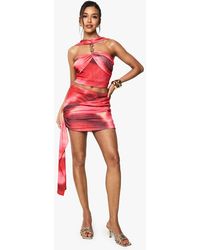 Boohoo - Printed Textured Mesh Drape Front Mini Skirt - Lyst