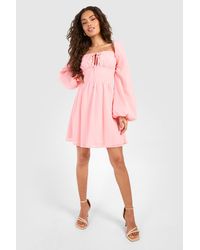 Boohoo - Chiffon Blouson Sleeve Milkmaid Mini Dress - Lyst