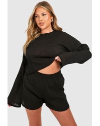 Boohoo - Plus Flare Sleeve And Button Front Loungewear Short Set - Lyst