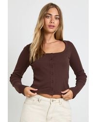 Boohoo - Ribbed Button Through Square Neck Long Sleeve Top - Lyst