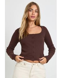 Boohoo - Ribbed Button Through Square Neck Long Sleeve Top - Lyst