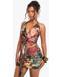 Boohoo - Printed Textured Mesh Ruched Front Mini Skirt - Lyst