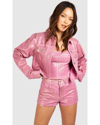 Boohoo - Pink Metallic Coated Denim Crop Jacket - Lyst