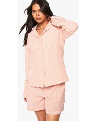 Boohoo - Stripe Seersucker Long Sleeve Shirt & Shorts Pyjama Set - Lyst