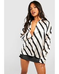 Boohoo - Petite Striped Satin Oversized Button Through Shirt - Lyst