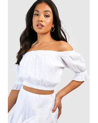 Boohoo - Petite Textured Woven Off The Shoulder Puff Sleeve Top - Lyst