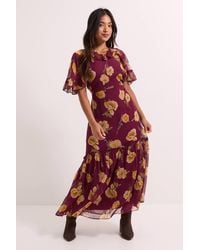 Dorothy Perkins - Petite Frill Cape Sleeve Tiered Printed Chiffon Midi Dress - Lyst