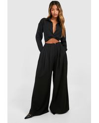Boohoo - Linen Look Low Rise Extreme Wide Leg Pleated Trouser - Lyst