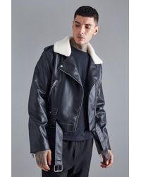 BoohooMAN - Boxy Fit Washed Pu Biker With Borg Collar - Lyst