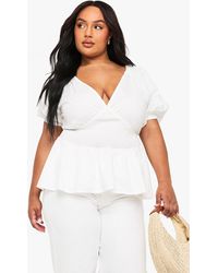 Boohoo - Plus Cotton Puff Sleeve Tie Back Smock Top - Lyst