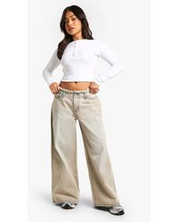 Boohoo - Petite Raw Waistband Wide Leg Jeans - Lyst