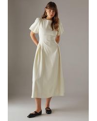 Warehouse - Seersucker Organza Godet Side Puff Sleeve Midi Dress - Lyst