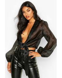 Boohoo Womens Transparente Organza-Bluse mit tiefem Knoten-Ausschnitt - Schwarz