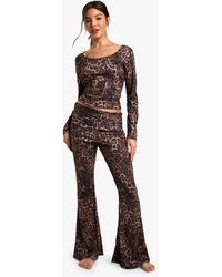 Boohoo - Loungewear Leopard Print Foldover Waist Flared Pants - Lyst