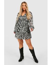 Boohoo - Plus Woven Zebra Print Ruffle Detail Long Sleeve Mini Dress - Lyst