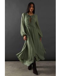 Warehouse - Tufted Dobby Chiffon Button Front Tie Neck Hanky Hem Midi Dress - Lyst