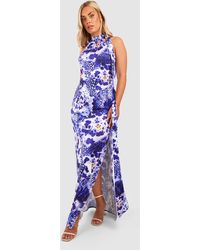 Boohoo - Plus Floral Slinky Halterneck Drape Detail Midaxi Dress - Lyst