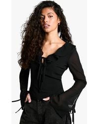 Boohoo - Chiffon Ruffle Tie Front Blouse - Lyst