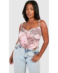 Boohoo - Plus Faded Leopard Mesh Tie Shoulder Corset Top - Lyst