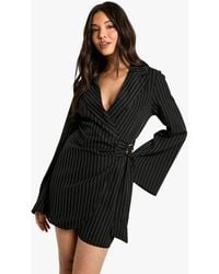 Boohoo - Pinstripe Buckle Detail Tie Waist Tailored Blazer Dress - Lyst
