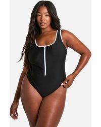 Boohoo - Plus Contrast Zip Front Bathing Suit - Lyst