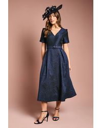Coast - Short Sleeve Jacquard Midi Dress With Belt - Lyst
