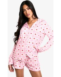 Boohoo - Heart Print Long Sleeve Shirt & Shorts Pyjama Set - Lyst
