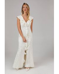 Oasis - Satin Jacquard Ruffle V Neck Bridesmaid Dress - Lyst