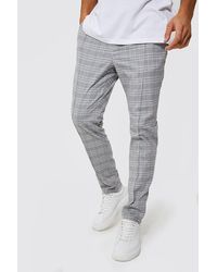 BoohooMAN Tall Tapered Pintuck Check Trouser - Gray