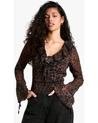 Boohoo - Chiffon Leopard Ruffle Tie Front Blouse - Lyst