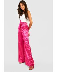 Boohoo Satin Luxe Wide Leg Cargo Pants - Pink