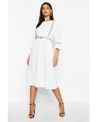 Boohoo Embroidered Ruffle Sleeve Midi Dress - White