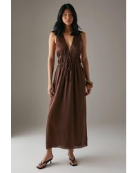 Warehouse - Crinkle Satin Halter Drawstring Waist Bias Midi Dress - Lyst
