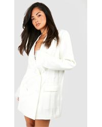 Boohoo - Matte Satin Double Breasted Feather Trim Blazer Dress - Lyst