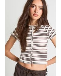 Boohoo - Stripe Rib Button Through Short Sleeve Top - Lyst