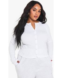 Boohoo - Plus Rib Button Through Long Sleeve Top - Lyst