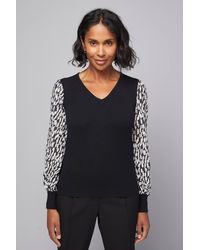 Wallis - Animal Chiffon Sleeve V Neck Knitted Top - Lyst