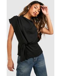 Boohoo - Hammered Knot Front Cowl Neck Blouse - Lyst