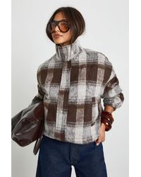 Boohoo - Funnel Neck Check Wool Look Bomber Jacket - Lyst