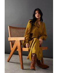 Warehouse - Metallic Shadow Stripe Tie Neck Button Side Wrap Midi Dress - Lyst